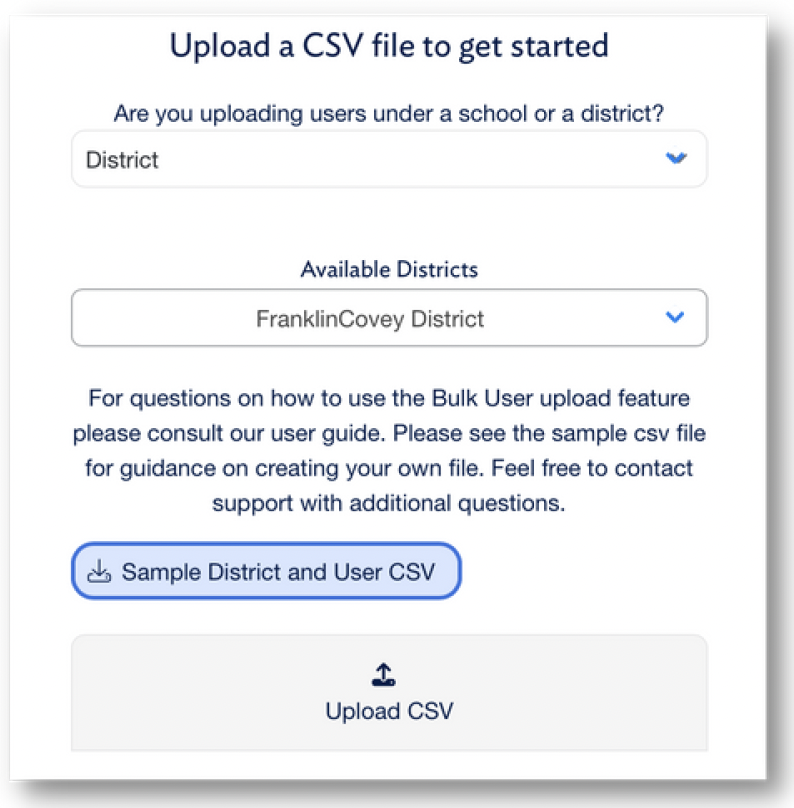 Bulk Upload page with the school or district dropdown and the sample CSV button