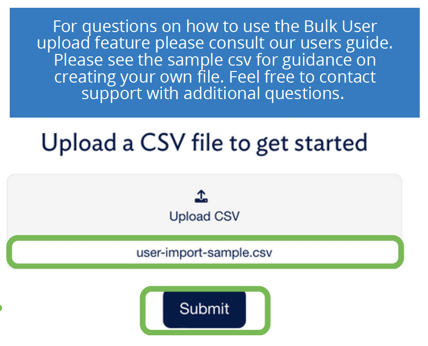 Upload CSV box showing the selected file and the Submit button