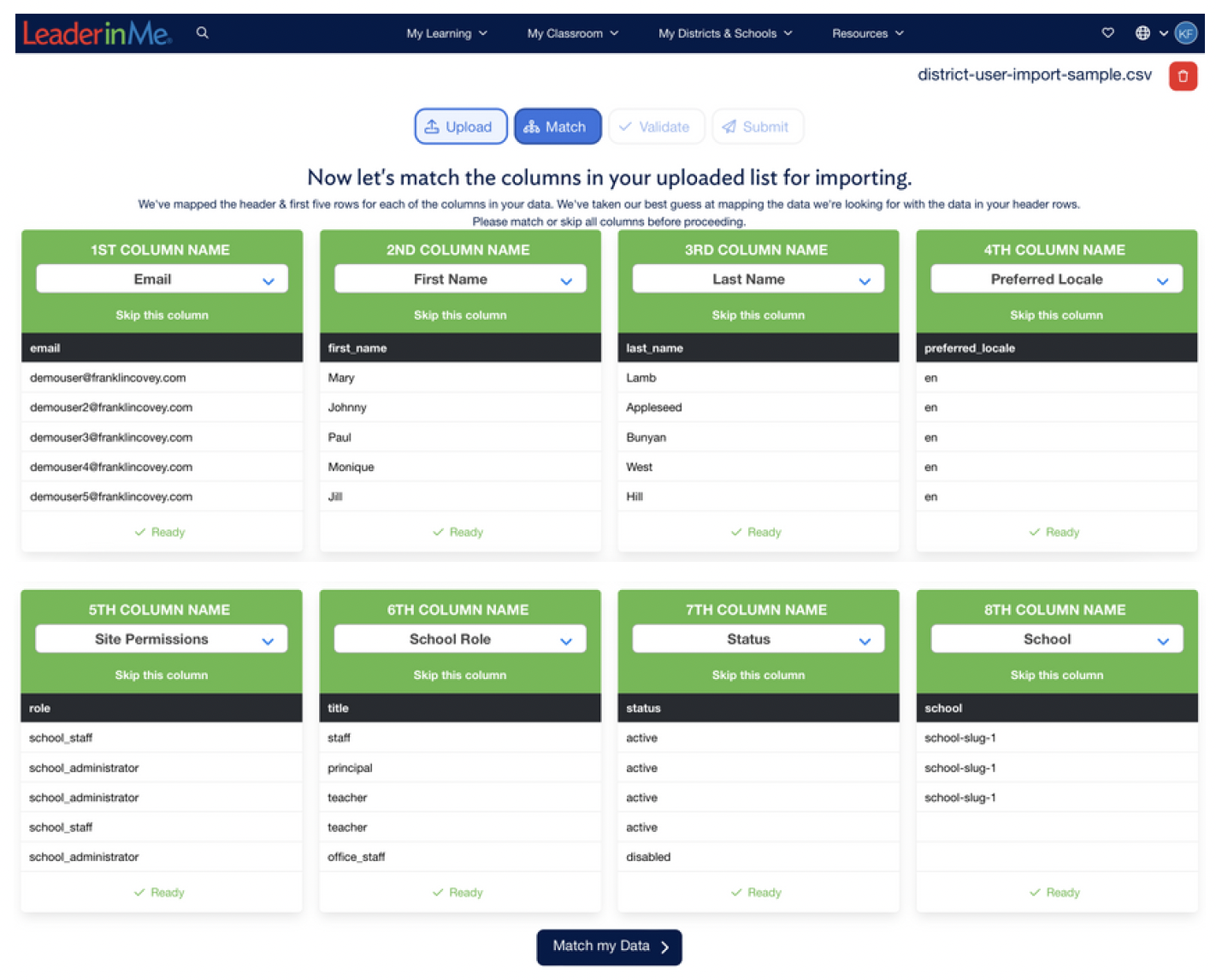 Match screen with a dropdown for each column in the CSV file