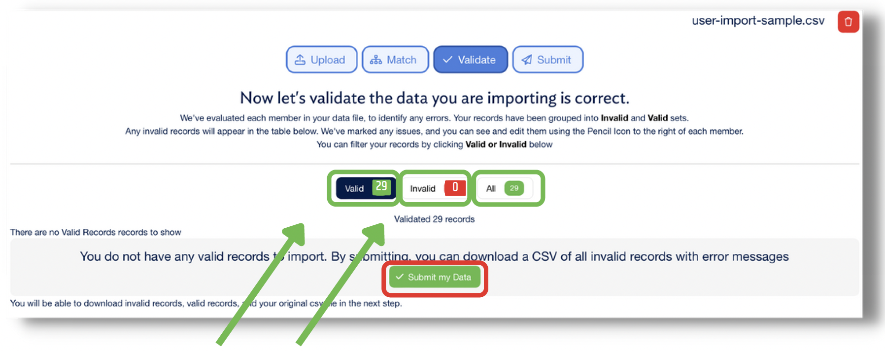 Validate screen with Valid, Invalid, and All filters