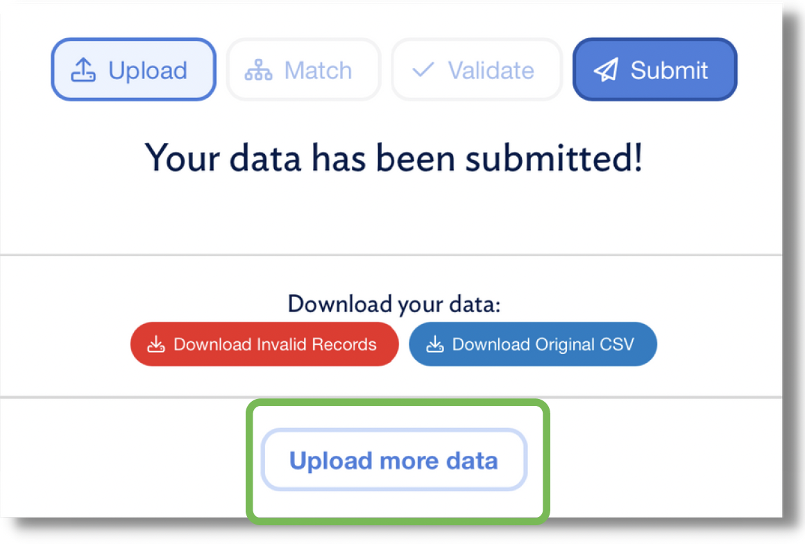 Submitted screen with download links for invalid records and the original CSV