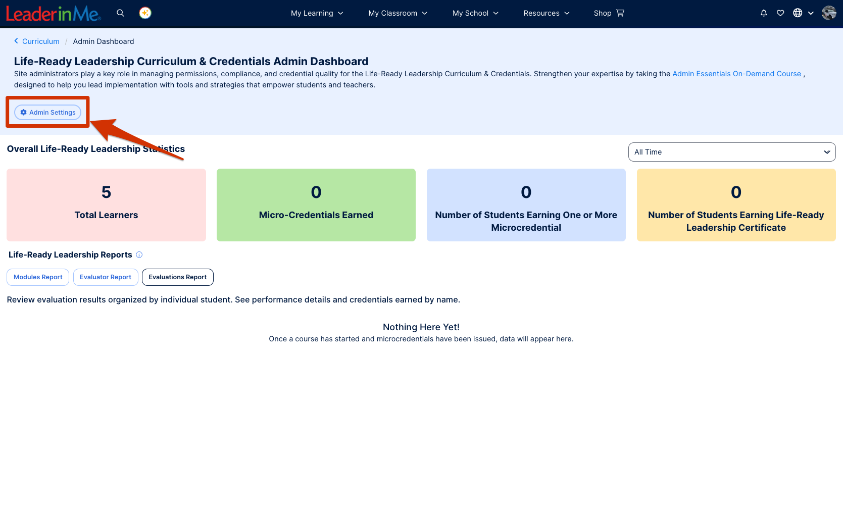 Admin Settings button