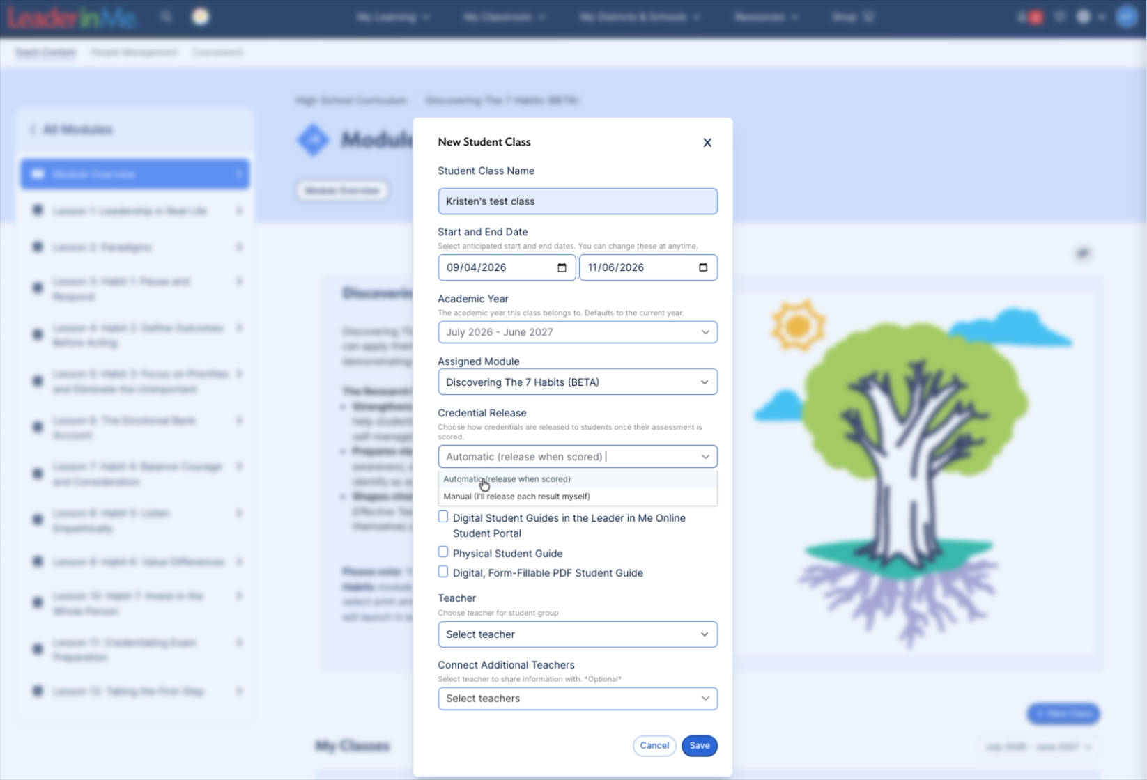 New Student Class form with the Credential Release setting below Assigned Module.