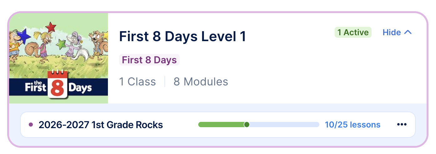 Course card showing classes started, total modules, lesson counter, and progress bar