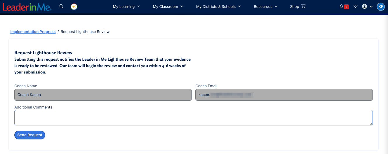 Request Lighthouse Review form with Coach Name, Coach Email, and Additional Comments fields and a Send Request button.