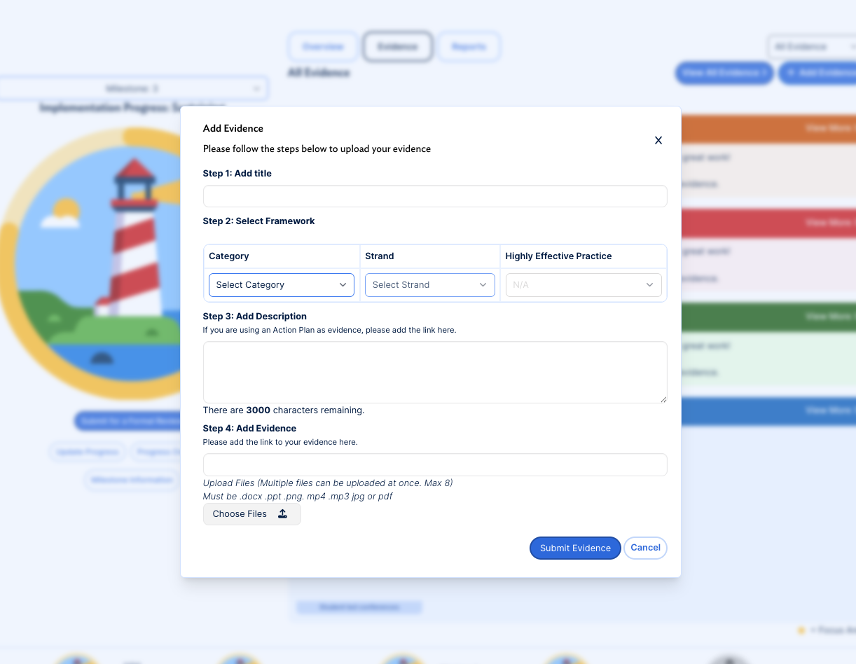Add Evidence window with the title, framework, description, and evidence fields and the Submit Evidence button.