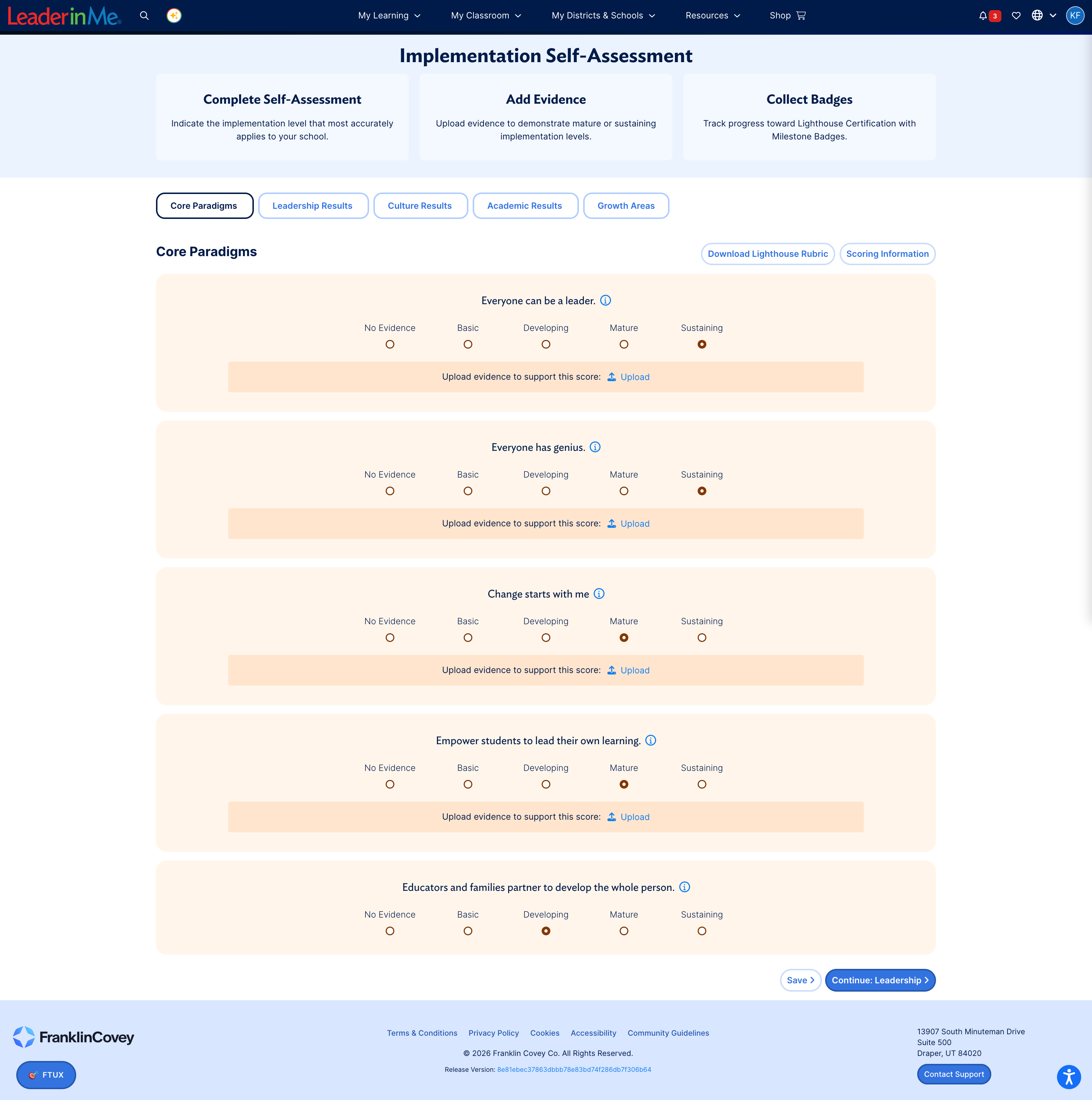 Implementation Self-Assessment page with a score selection for each practice and the Save button.