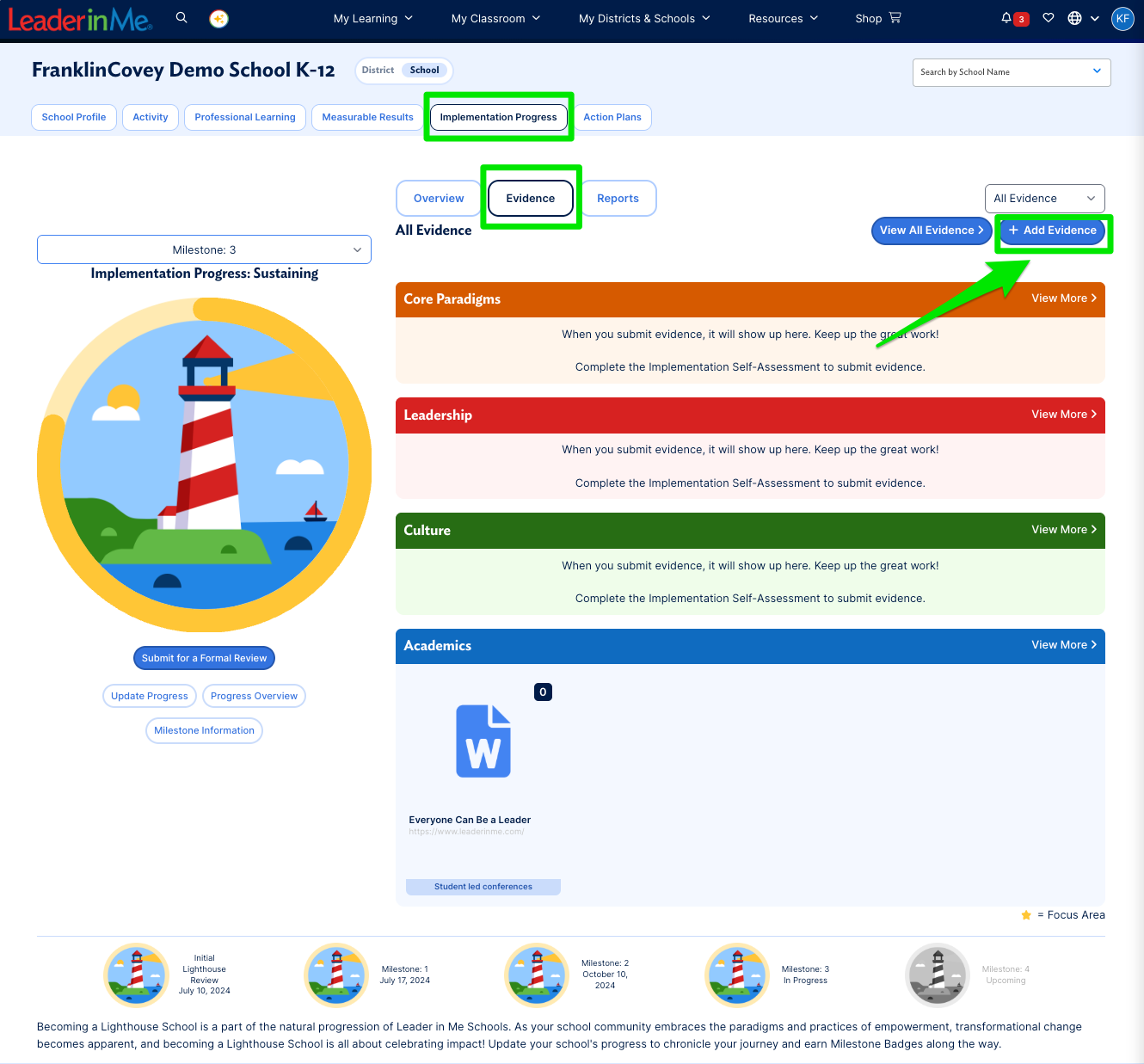 Evidence tab on the Implementation Progress page showing the Add Evidence button and View All Evidence link.