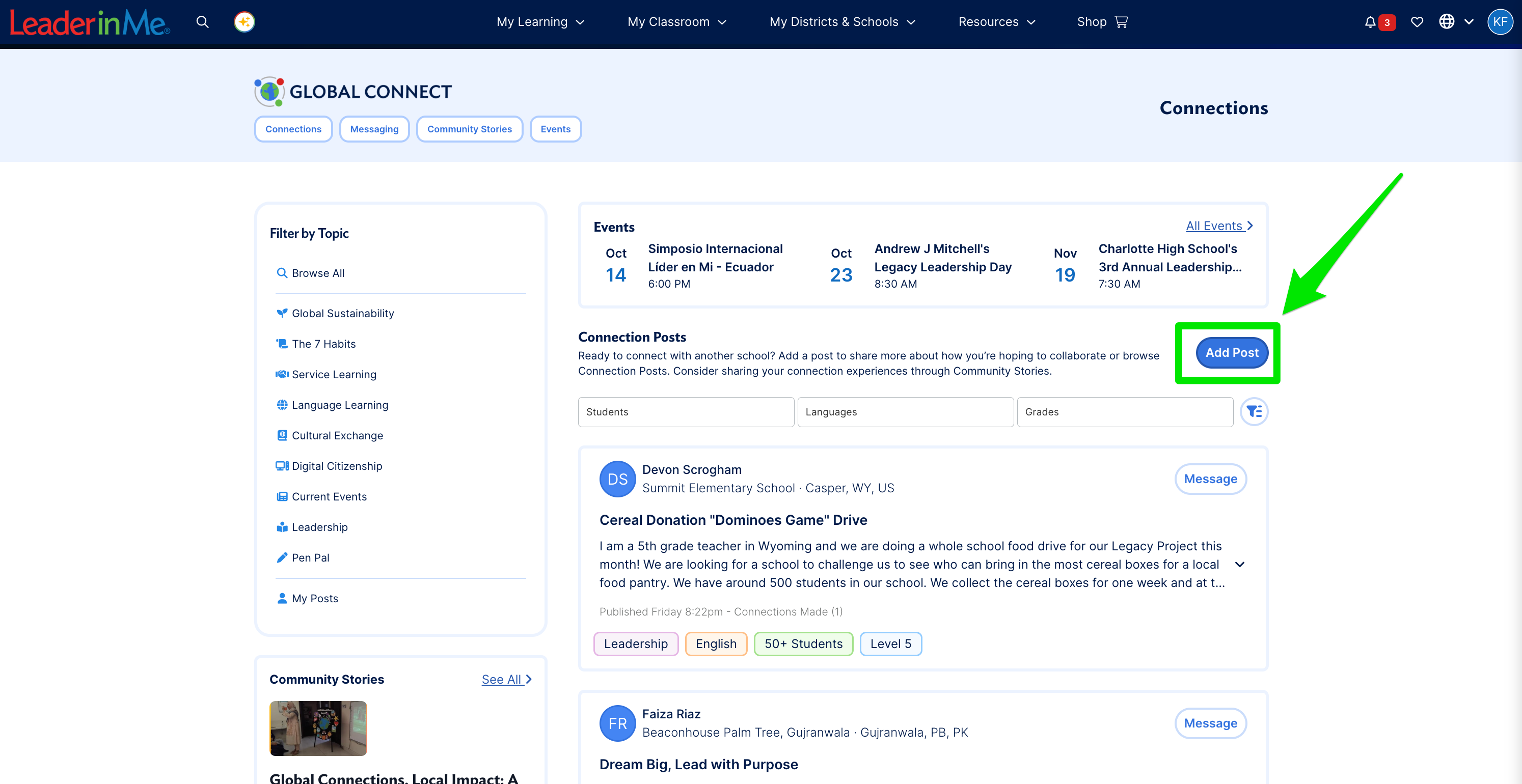 Connections page with the Add Post button highlighted.