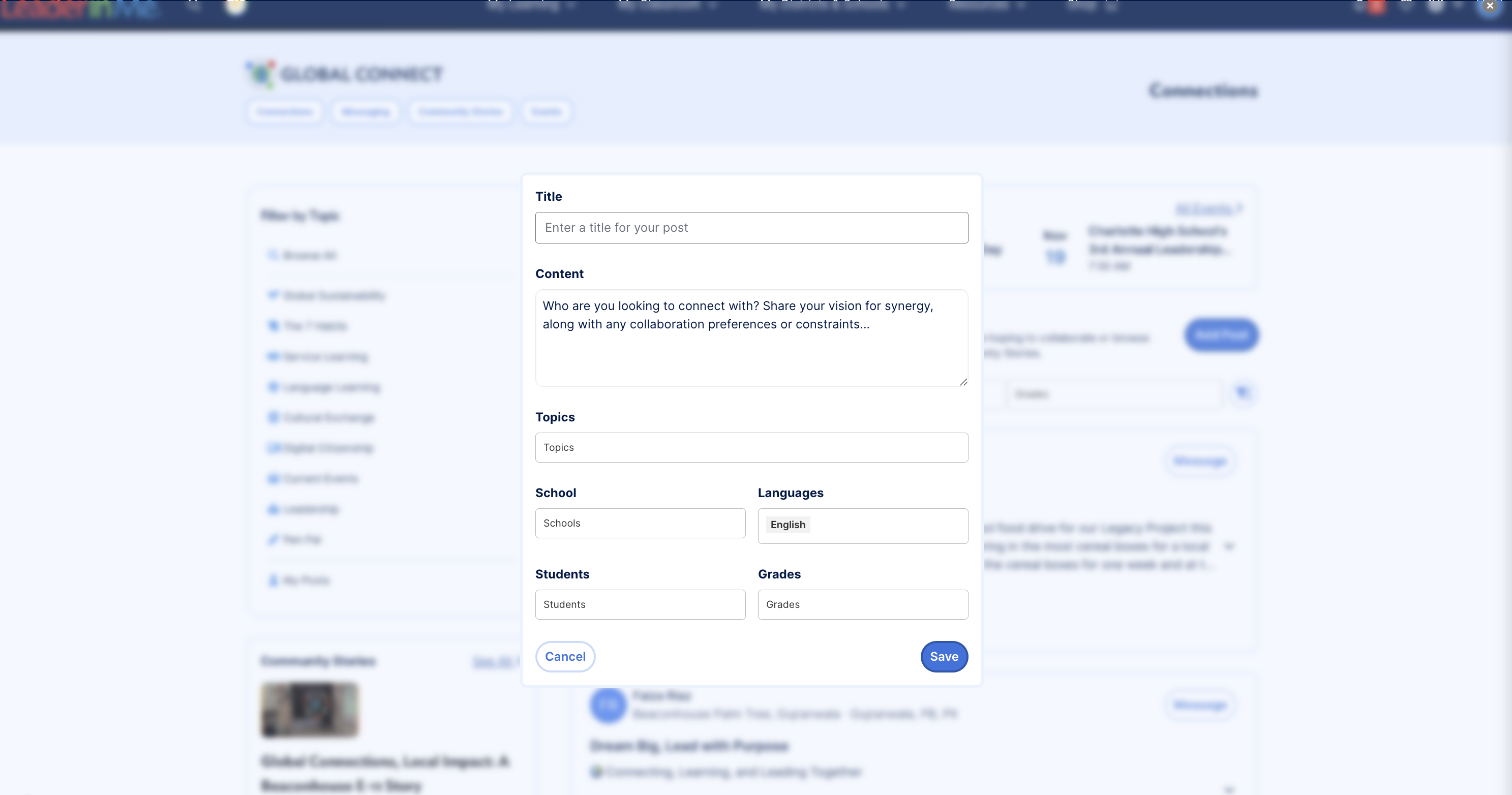 Add Post form with Title, Content, Topics, School, Languages, Students, and Grades fields.
