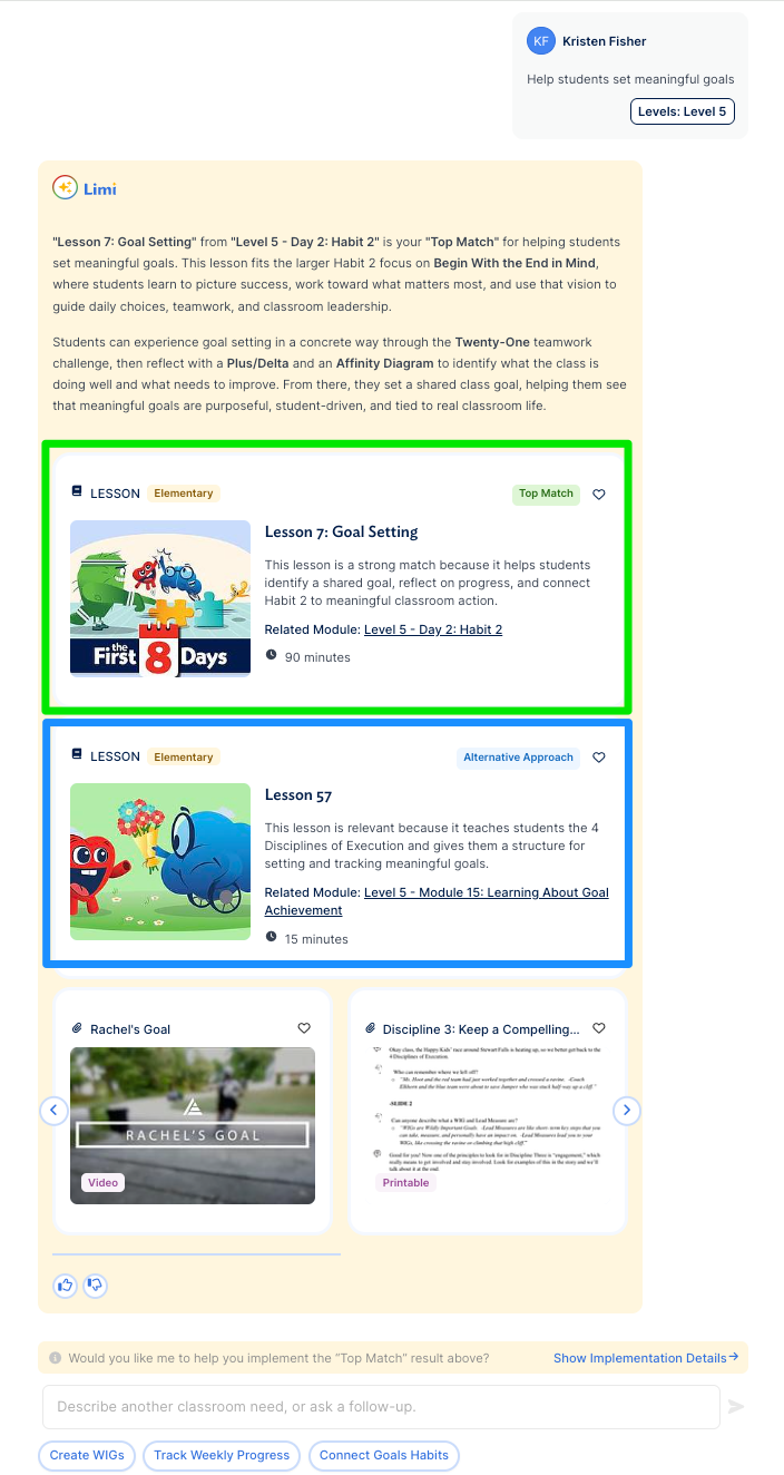 Limi recommendations showing a Top Match and an Alternative Approach