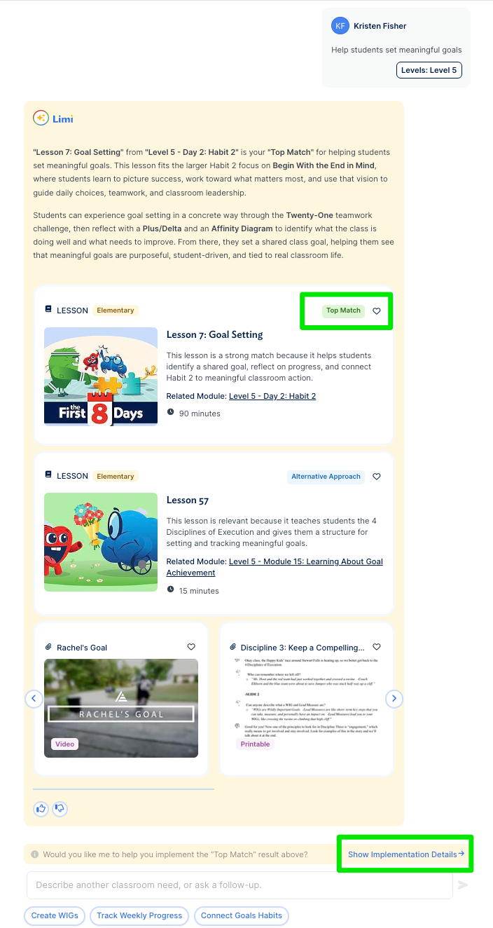 Limi implementation details showing materials needed, teacher notes, and slide preview