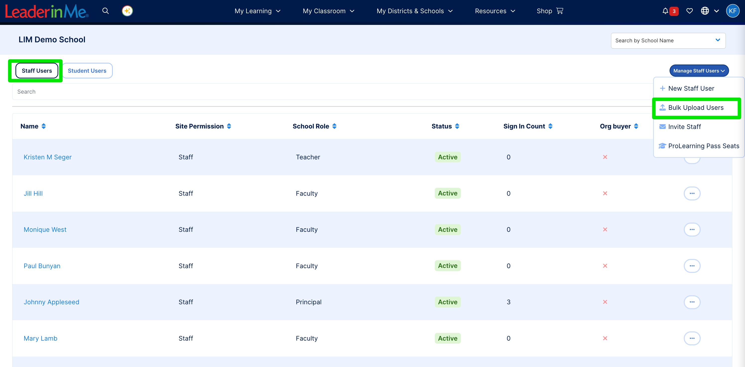 School Users page with the Staff Users tab selected and the Manage Staff Users dropdown open, with Bulk Upload Users highlighted.
