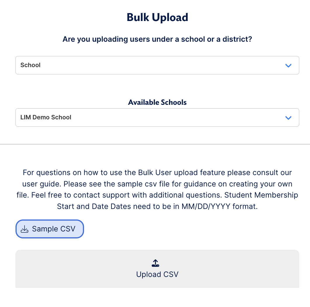 Bulk Upload screen with School selected, the Available Schools dropdown, the Sample CSV button, and the Upload CSV area.