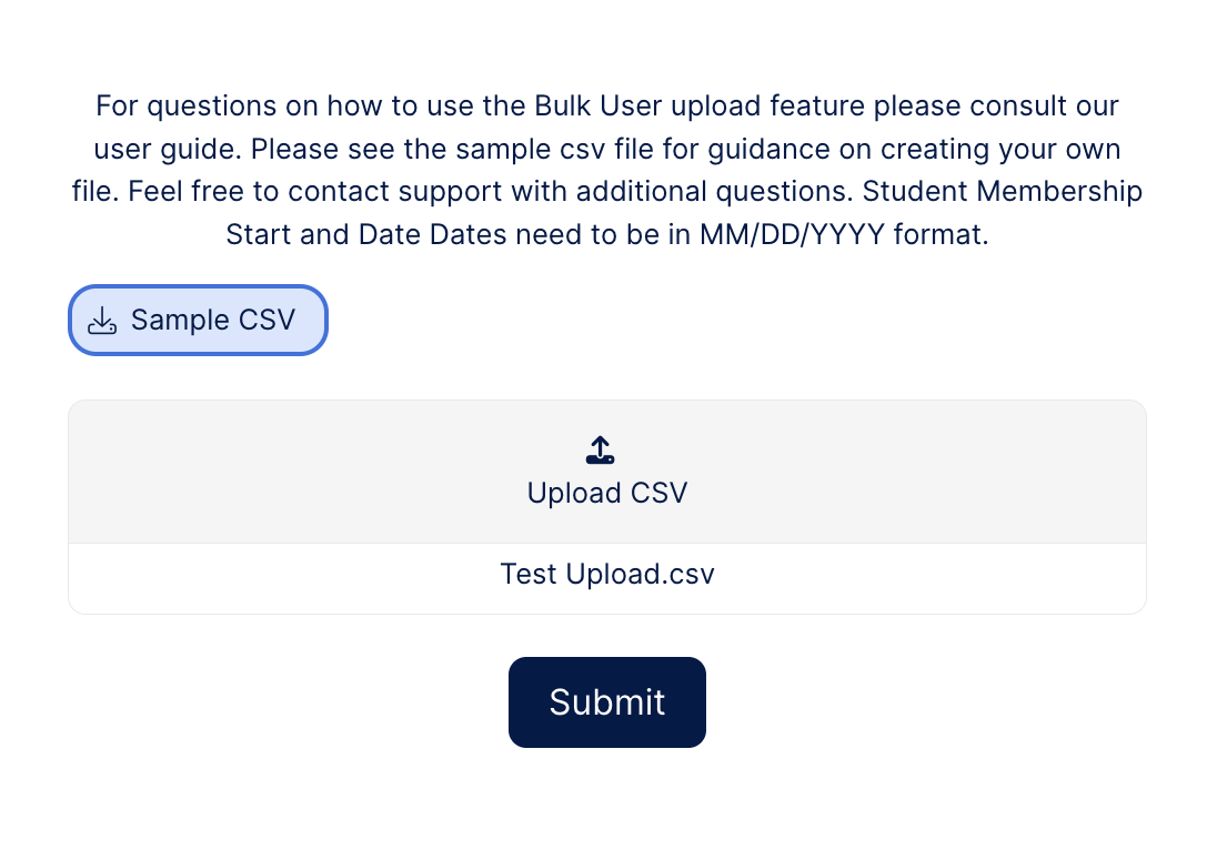 Bulk Upload screen showing the selected file, Test Upload.csv, below Upload CSV, with the Submit button below it.
