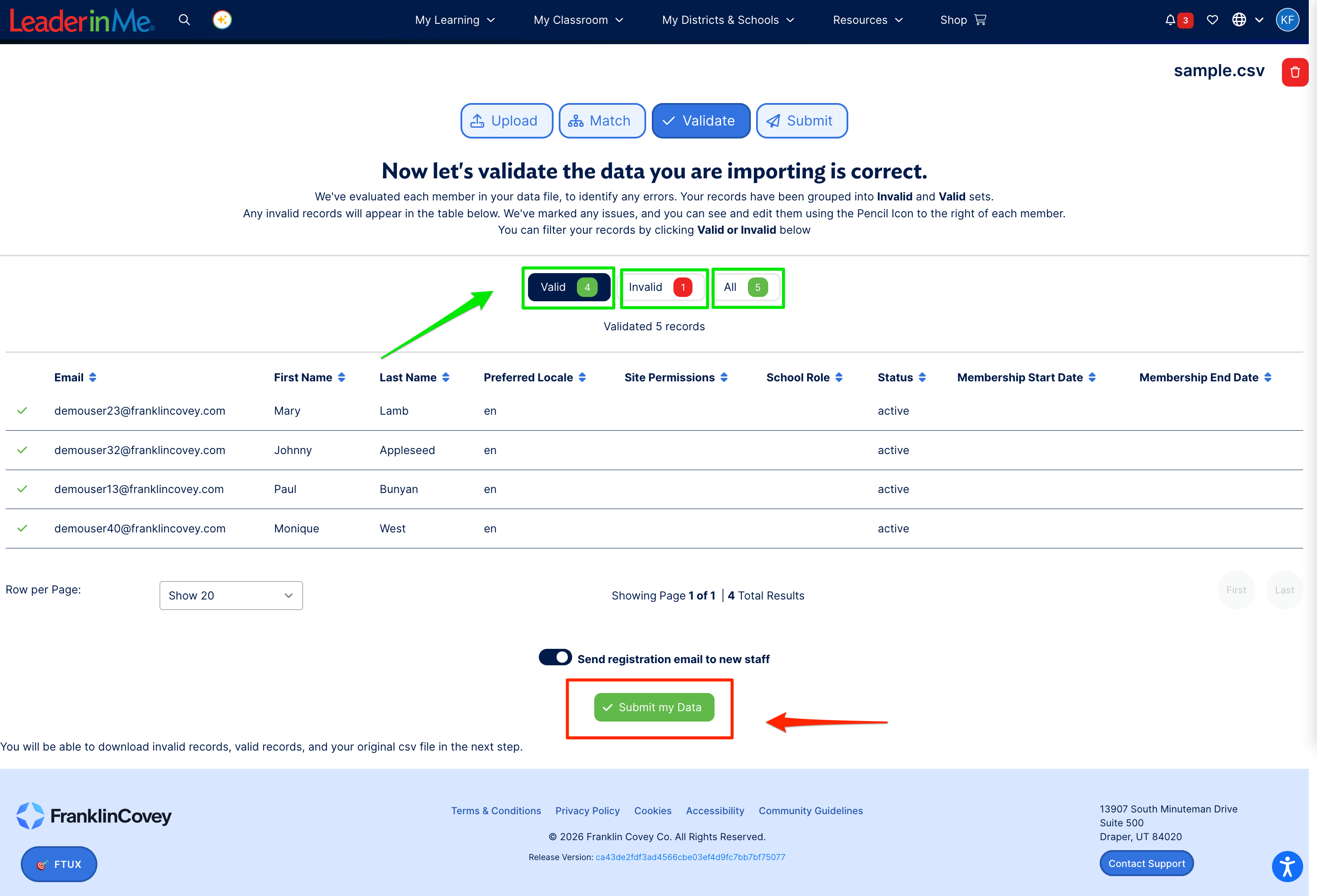 Validate step with the Valid, Invalid, and All record filters highlighted above the records table and the Submit my Data button highlighted below it.