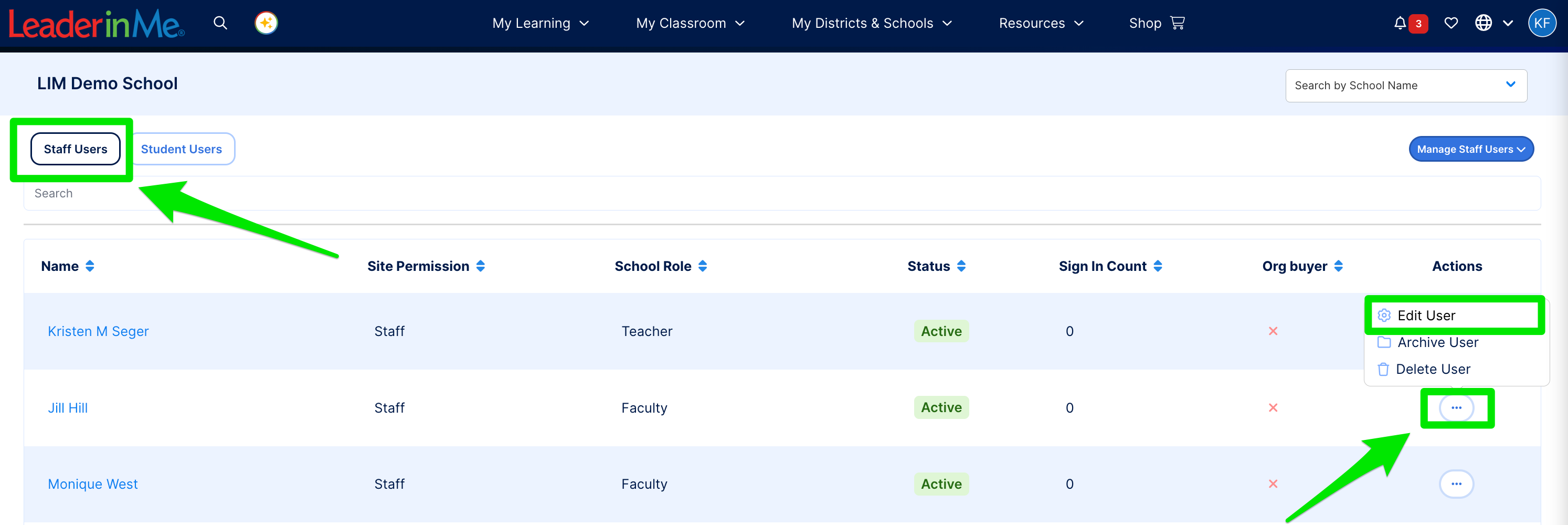 School Users page with the Staff Users tab selected and a user's three-dot menu open, showing the Edit User option.