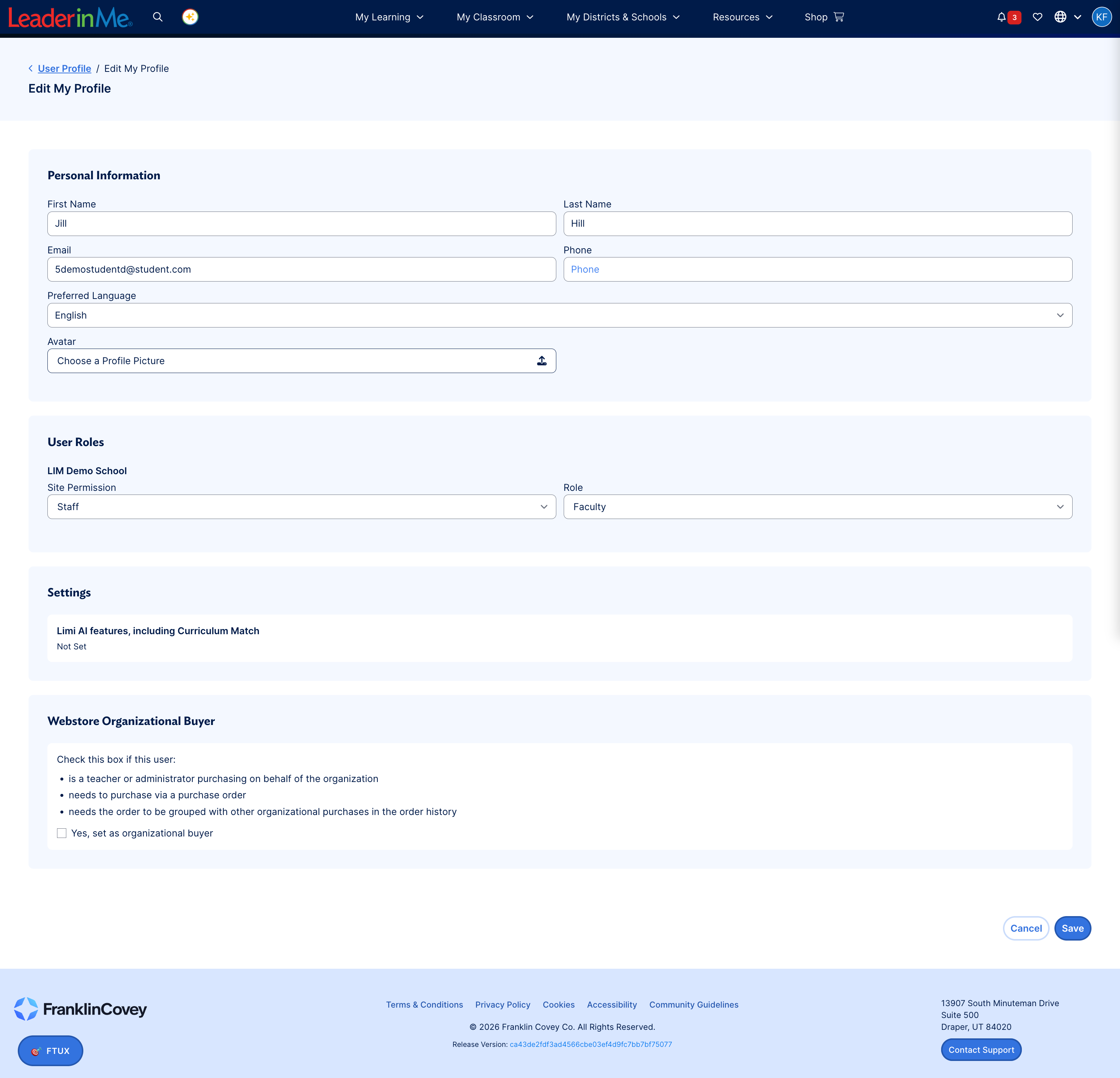 Edit user profile with fields for first name, last name, email, phone, language, site permission, and role, and the Webstore Organizational Buyer checkbox at the bottom.