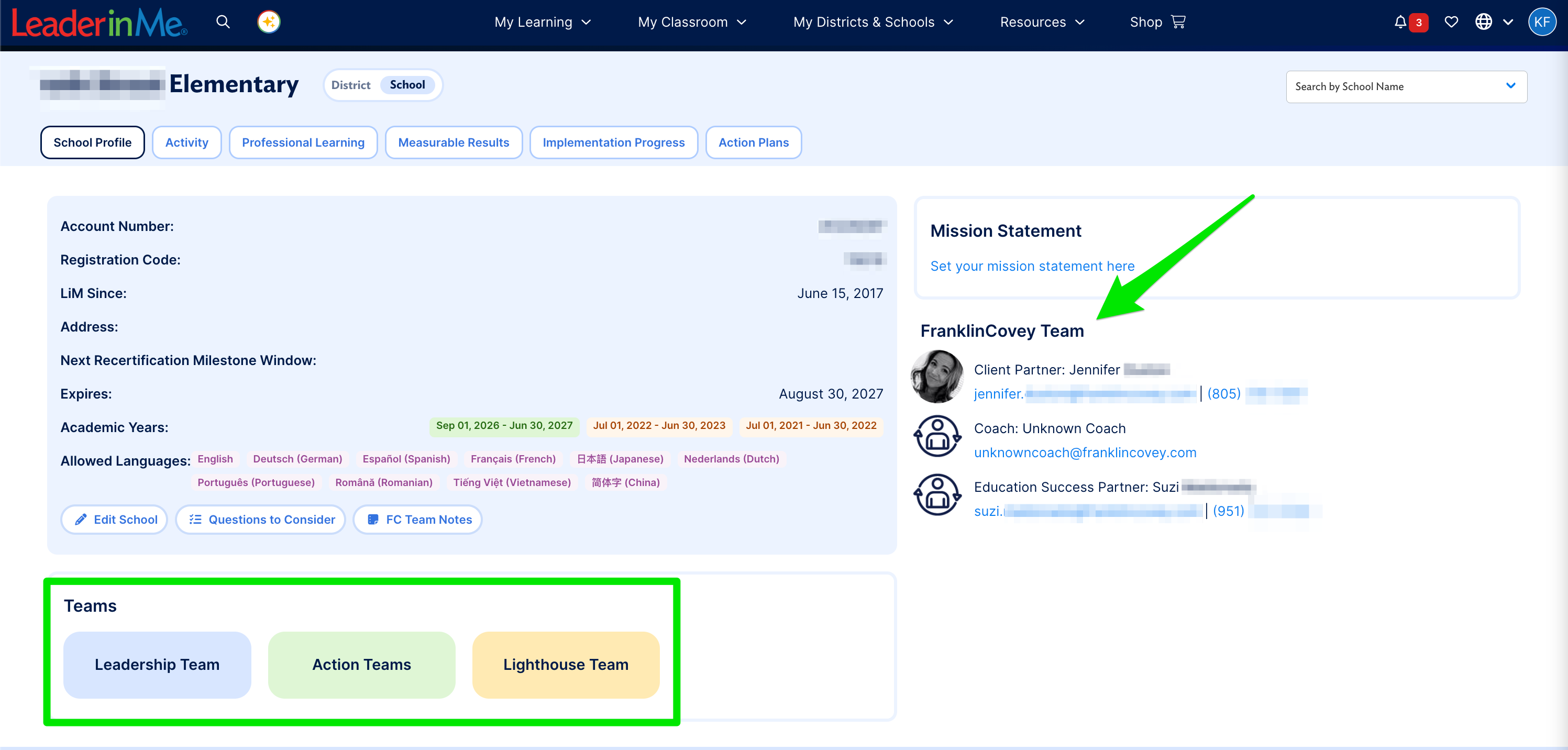 Leader in Me Journey page showing your school's team members