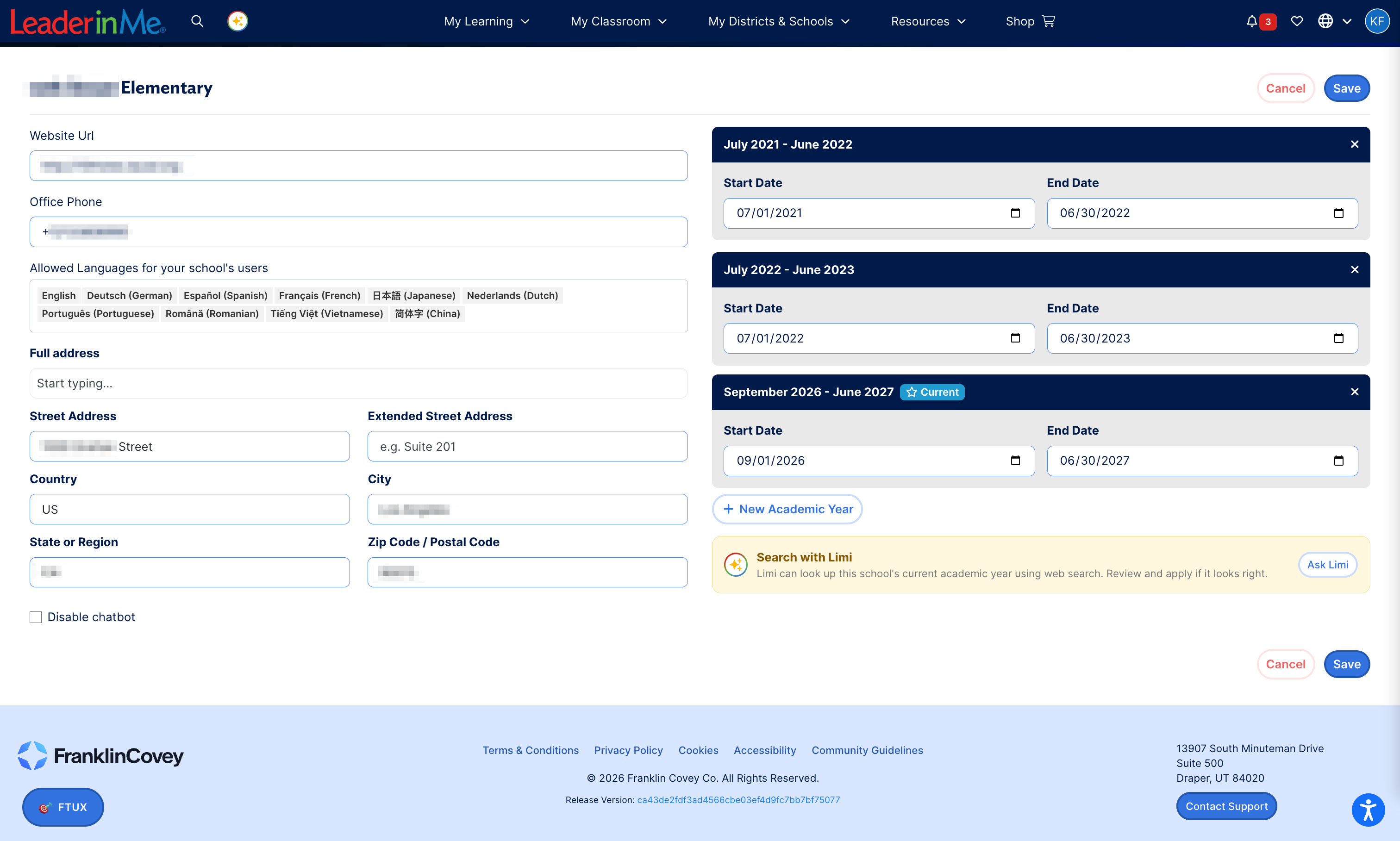 Edit School page with academic year dates and the New Academic Year button