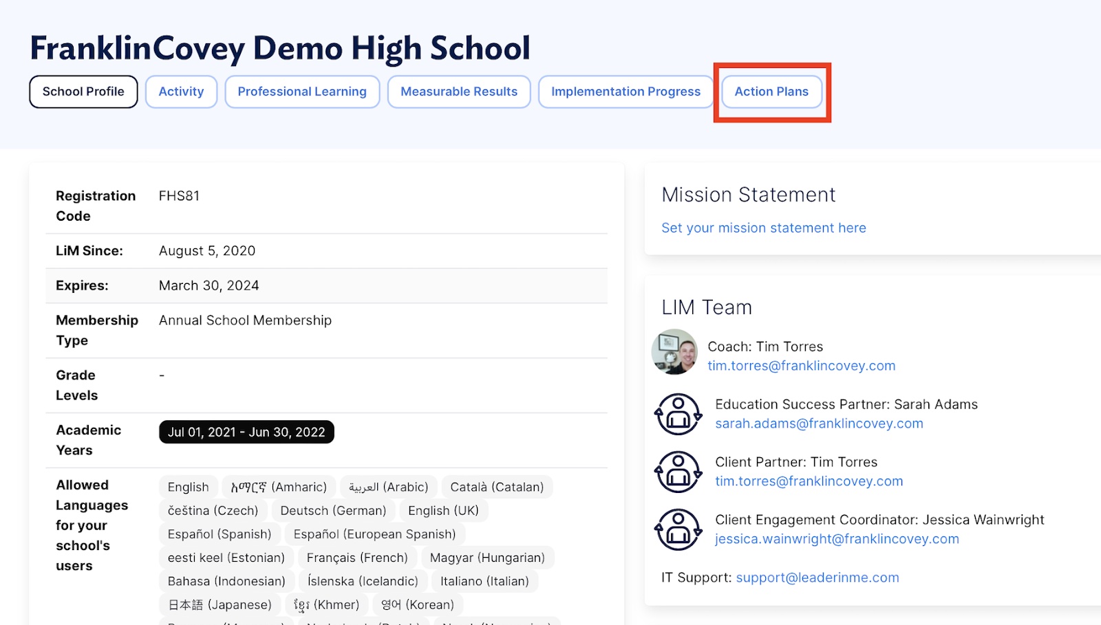 School profile page with the Action Plans tab
