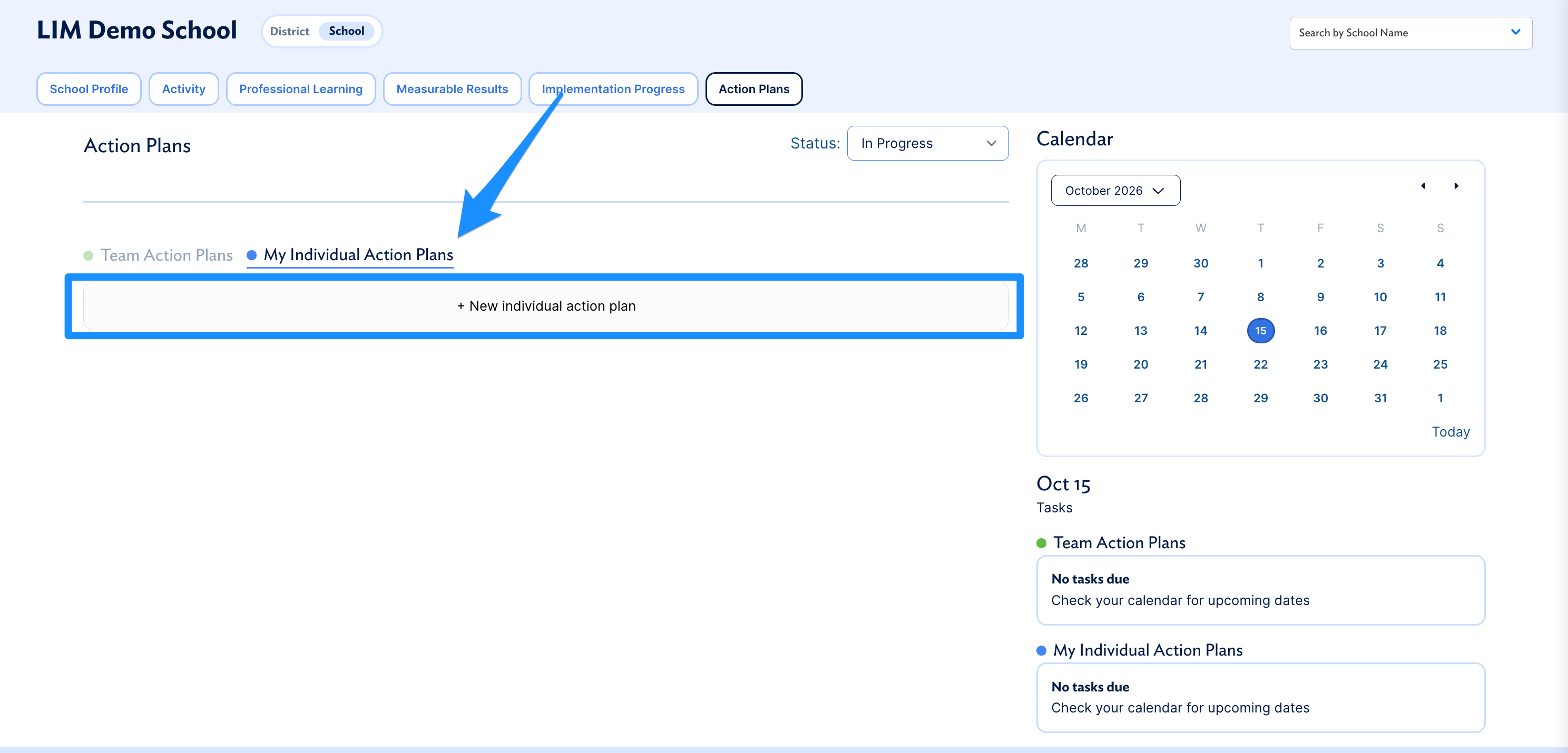 Action Plans tab with Individual Action Plans selected and the New Individual Action Plan button