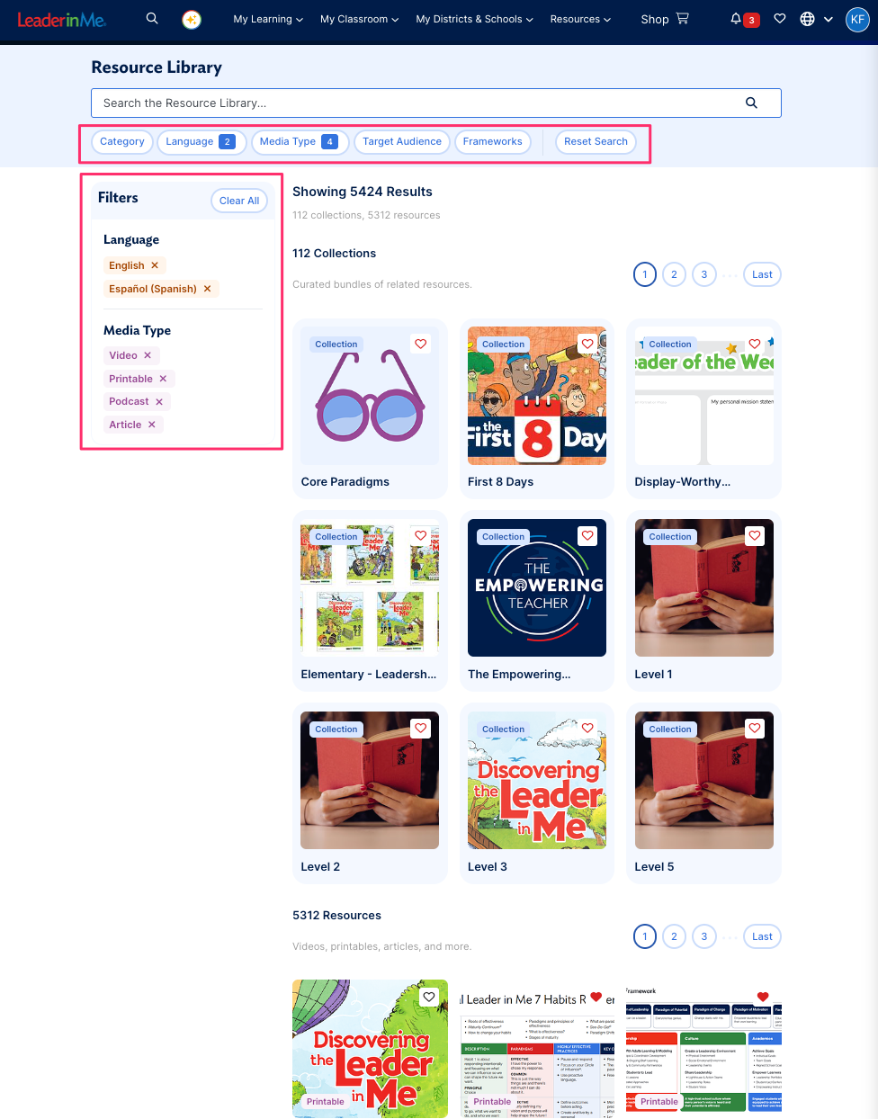 Selected filters shown below the search bar and in the filter panel, with the Reset Search button